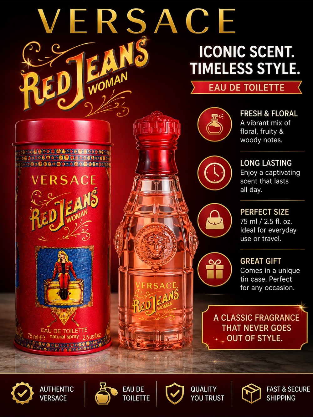 Versace Red Jeans Woman Red and Gold Bottle & Tin dent on side